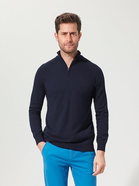 Navy Cotton Suri Zip Neck Sweater - Joe Bananas | Australia